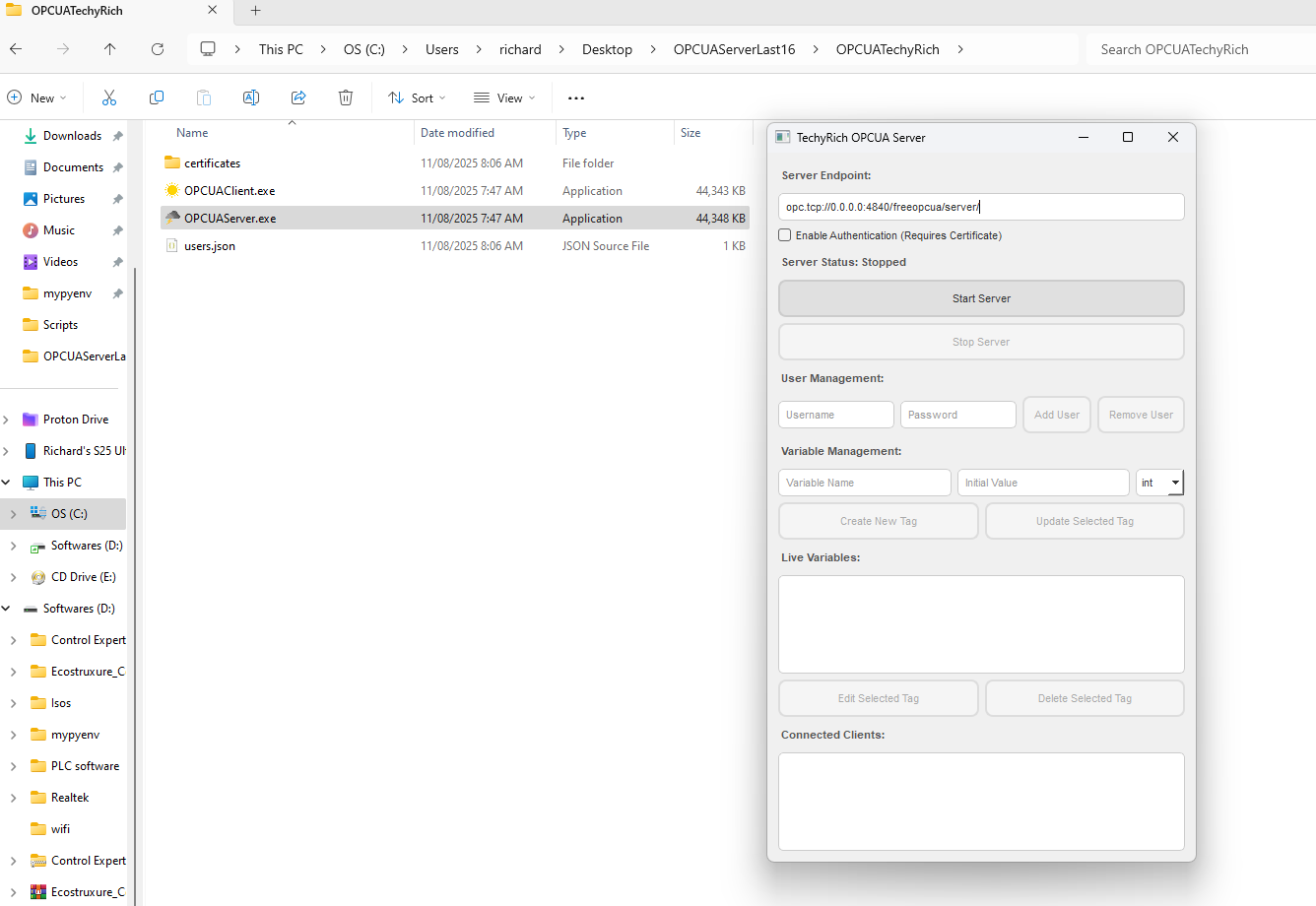  OPC UA Server GUI after a client has connected.
